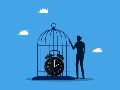 Time control. man locks a clock in a birdcage. business concept Stock Illustration