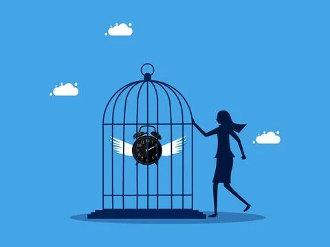 Time control. woman locks a clock in a birdcage. business concept Stock Illustration