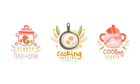 Time to Cook Creative Logo Design Set, Cooking Studio Hand Drawn Labels Vector Stock Illustration