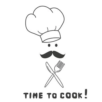 Time to cook icon set. Knife and fork with chef hat, moustache isolated on white Stock Illustration