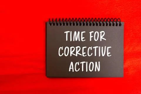 Time for corrective action message written on black notebook page on red ba.. Stock Photos