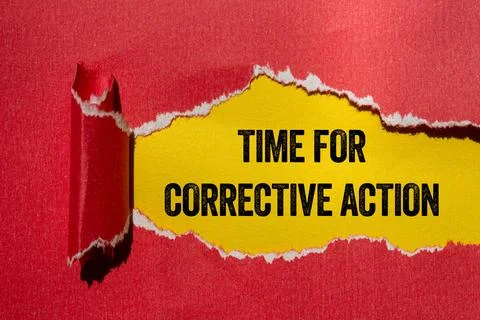 Time for corrective action written on ripped torn red paper on yellow backg.. Stock Photos