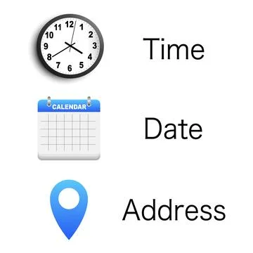 Time, date and address. Clock, calendar, location. Vector illustration. Stock Illustration