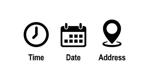 Time, date and address icon set. Calendar, clock, location イラスト素材