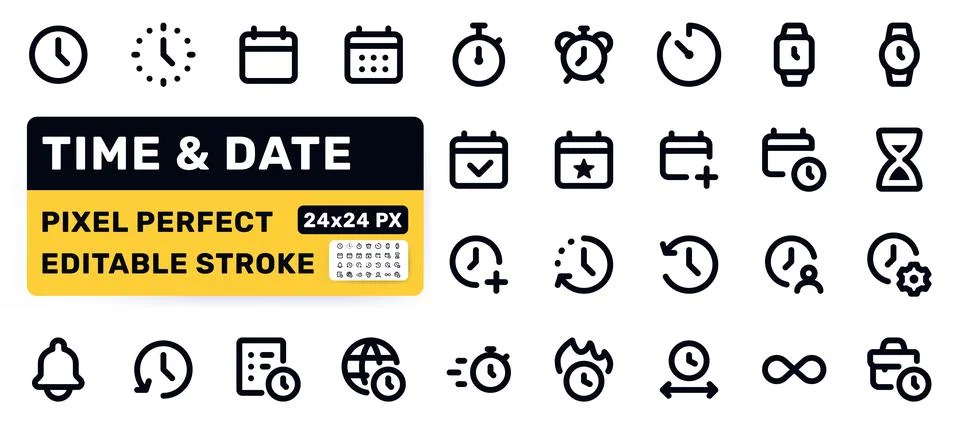 Time, Date line icon set. Clock, calendar, alarm, stopwatch, timer, working Illustrazione stock