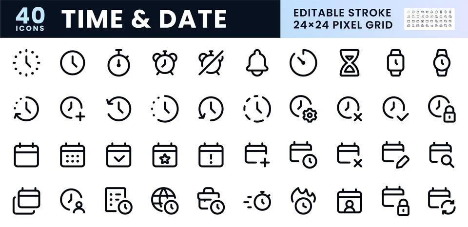 Time, Date line icon set. Clock, calendar, alarm, stopwatch, timer, working Illustrazione stock