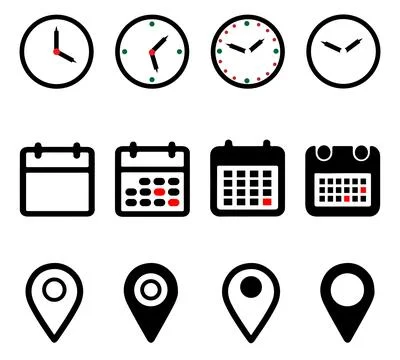 Time, Date, Location Icons set collection. Clock, Calendar, and Location Ve.. Stock Illustration