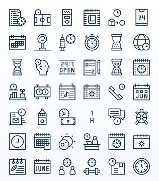 Time Display Perfect Vector Set with 42 128x128 Regular Line Icons Stock Illustration
