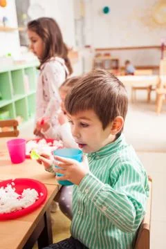 Time to eat in kindergarten Stock Photos