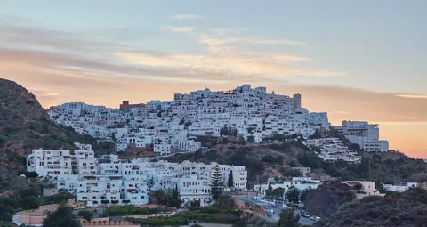 Time elapse at sunset of the hillside town of Mojacar, Almería, Spain Stock Footage 140606288