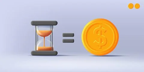 Time equals money concept 3d illustration with sand clock icon and golden coi Stock Illustration