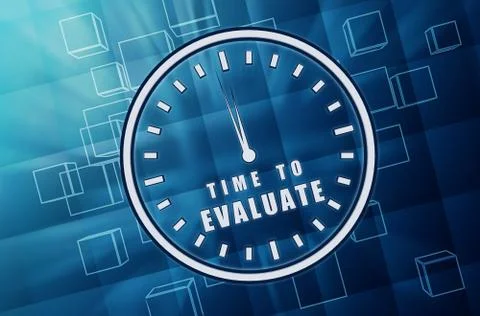 Time for evaluate in clock symbol in blue glass cubes Stock Illustration