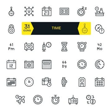 Time Exclusive Vector Set featuring 35 Regular Line Grid Fitted 128x128 Icons Stock Illustration