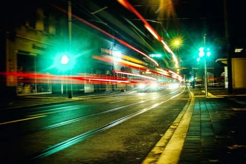 Time Exposure train close traffic light laser It information night Mannheim s Stock Photos