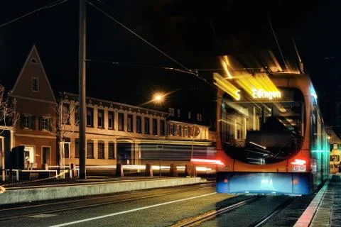 Time Exposure train close traffic light night Mannheim street bulb fast autum Stock Photos