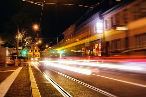 Time Exposure train traffic light night Mannheim street urban public transpor Stock Photos