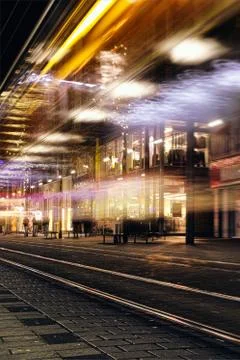 Time Exposure train traffic light night Mannheim street urban public transpor Stock Photos