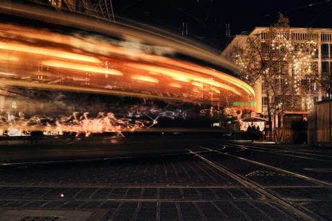 Time Exposure train traffic light night Mannheim street urban public transpor Stock Photos