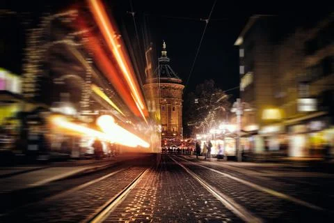 Time Exposure train traffic light night Mannheim street public transport chri Stock Photos