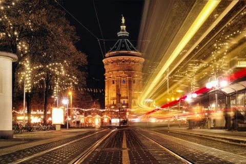 Time Exposure train traffic light night Mannheim street public transport chri Stock Photos