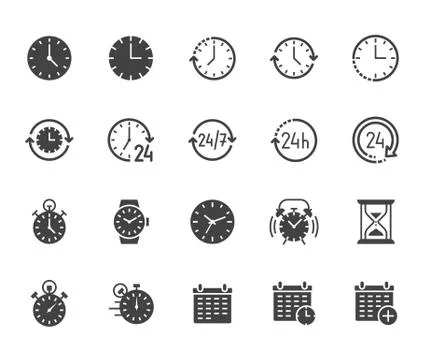 Time flat glyph icons set. Alarm clock, stopwatch, timer, sand glass, day and Stockillustratie
