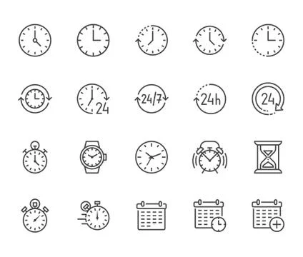 Time flat line icons set. Alarm clock, stopwatch, timer, sand glass, day and Stock Illustration