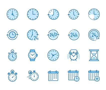 Time flat line icons set. Alarm clock, stopwatch, timer, sand glass, day and Illustrazione stock