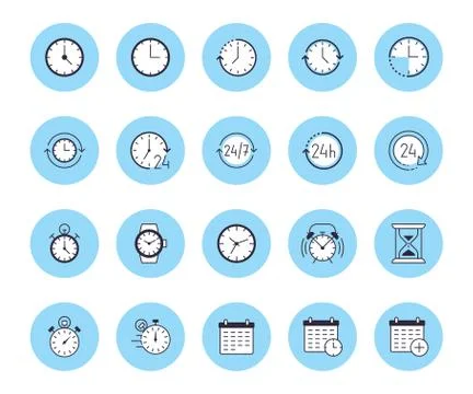 Time flat line icons set. Alarm clock, stopwatch, timer, sand glass, day and Illustrazione stock