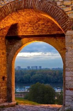 Time gate between medieval and modern time at Kalemegdan fortress in Belgrade Stock Photos