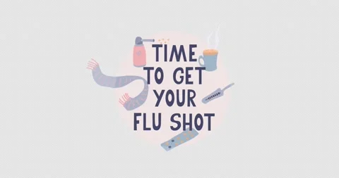 Time to get your flu shot. Animation of pills, scarf, thermometer, mug of hot Stock Footage 142354114