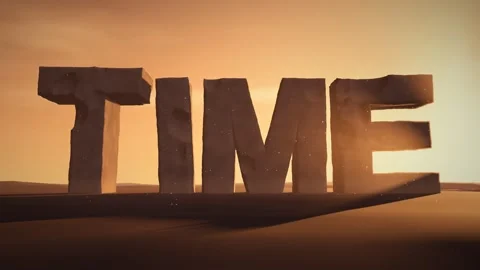 Time Giant Eroded Stone Letters Standing in a Desert at Sunset with Volumetric Stock Footage 342222327