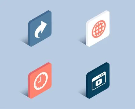 Time, Globe and Share icons. Video content sign. Office clock, Internet world Stock Illustration