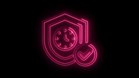 On time guarantee neon animation showing clock protected by shield security Stock Footage 345998063