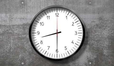 Time at half past 8 o clock - classic analog clock on rough concrete wall Stock Illustration
