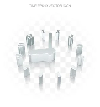 Time icon: Flat metallic 3d Clock, transparent shadow, EPS 10 vector Stock Illustration