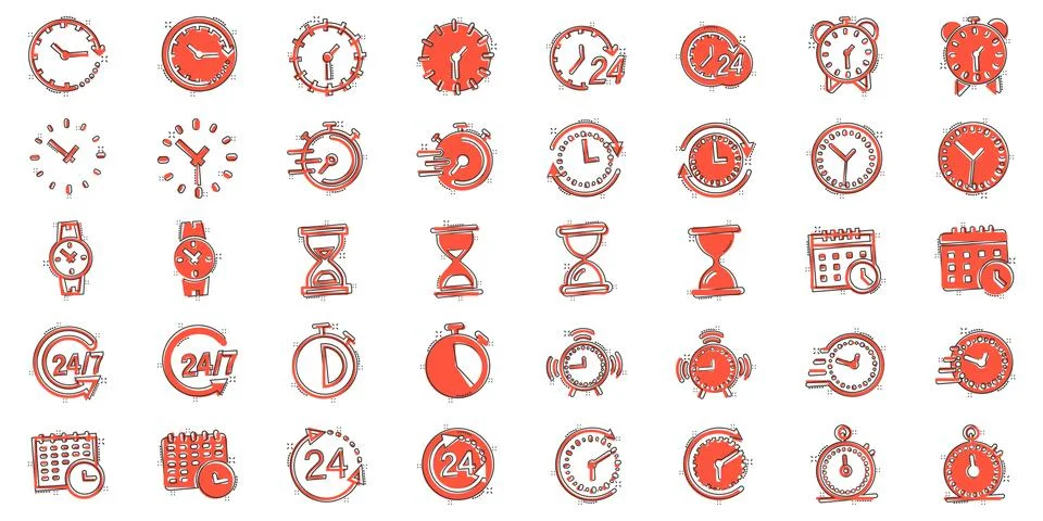 Time icon set in comic style. Agenda clock cartoon vector illustration on whi Illustrazione stock