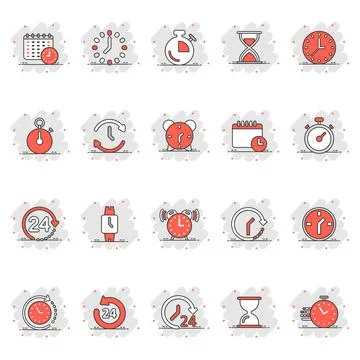 Time icon set in comic style. Agenda clock cartoon vector illustration on whi Ilustración de archivo