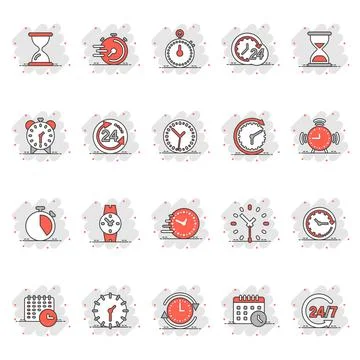 Time icon set in comic style. Agenda clock cartoon vector illustration on whi 库存插图