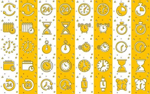 Time icon set in comic style. Agenda clock cartoon vector illustration on whi Stock Illustration