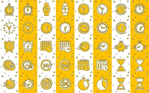 Time icon set in comic style. Agenda clock cartoon vector illustration on whi Illustrazione stock