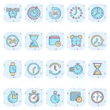 Time icon set in comic style. Agenda clock cartoon vector illustration on whi Ilustración de archivo