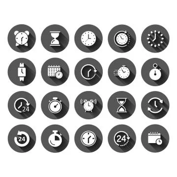 Time icon set in flat style. Agenda clock vector illustration on black round  Stock Illustration