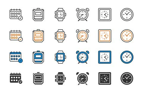 Time icons. Timer signs. Hour pictogram. Calendar date. Fast digital alarm clock Stock Illustration