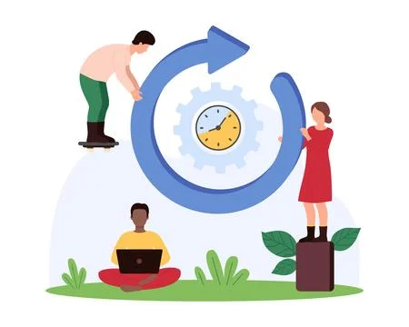 Time interval countdown, progress button, tiny people holding arrow with spin Stock Illustration