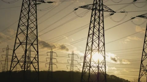 Time laps footage Landscape with pylon at sunset background. Electrical Tower Stock Footage 149487795