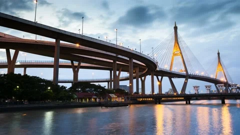 Time laps at sunset timing of longest Thailand bridge across river located Ba Stock Footage 133079845