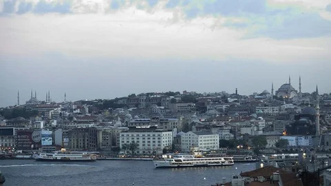 Time laps view on the center of Istanbul and the Bosporus Strait in the evening Stock Footage 79133546