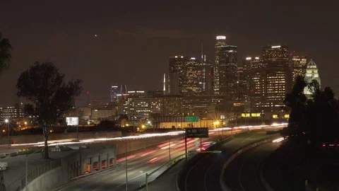 Time-lapse of 101 freeway headed into downtown LA at night Stock Footage 83146277