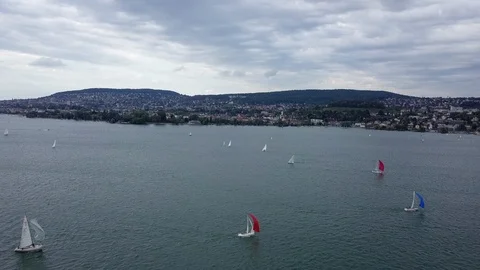Time lapse of 4K Aerial view of sailing boats on Luzern Lake, in Switzerland. Stock Footage 113607173