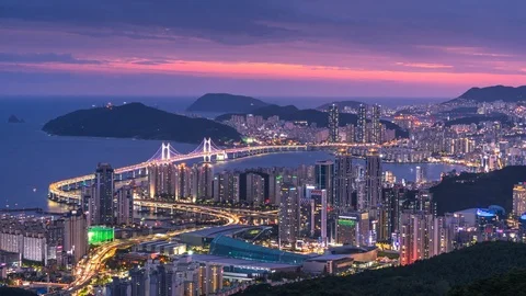 Time Lapse 4k Aerial view of Busan city at night, South Korea. Video stock 116317769